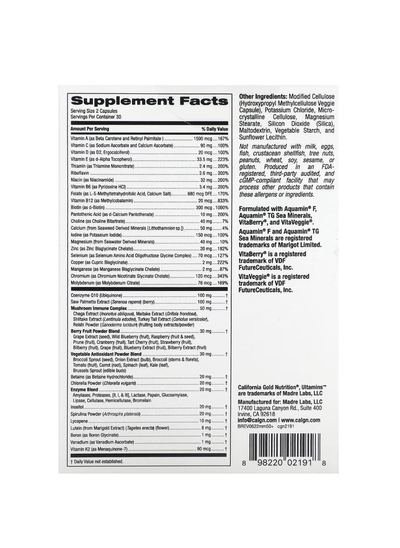 كاليفورنيا غولد نيوترشن - California Gold Nutrition Ultamins فيتامينات متعددة للرجال +50 مع إنزيمات الفطر CoQ10 والخضروات والتوت 60 كبسولة نباتية - Image 1