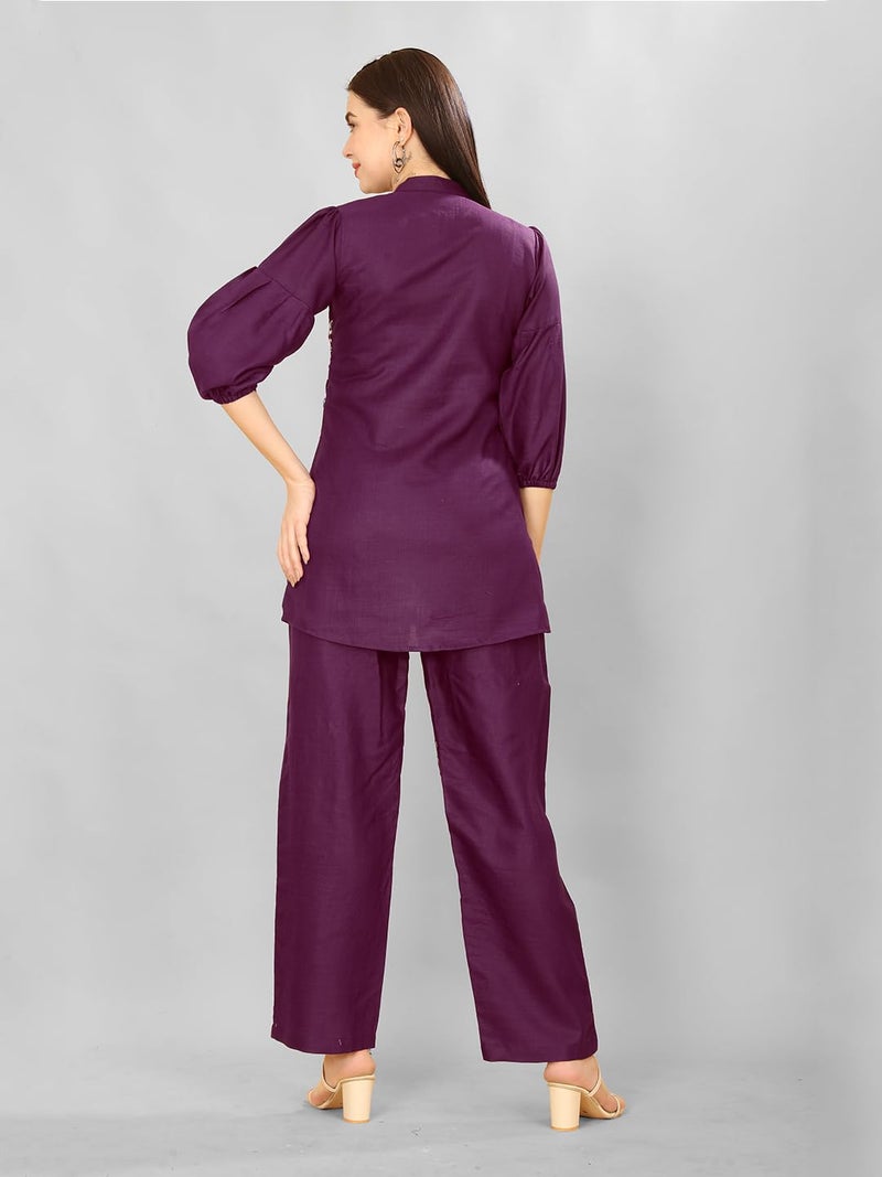 Lilots Women's Stylish Slub Cotton Embroidered Worked Co-Ord Set | Casual 2 Piece Top Bottom Set Wine - Image 3