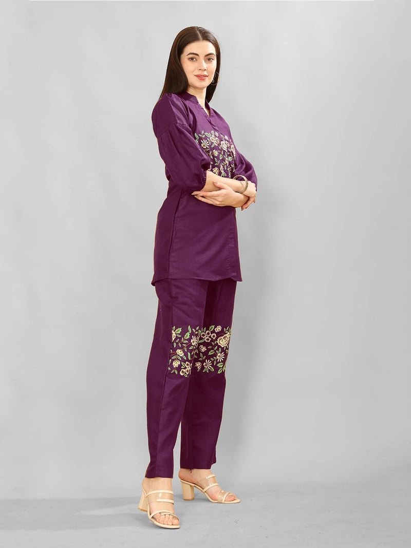 Lilots Women's Stylish Slub Cotton Embroidered Worked Co-Ord Set | Casual 2 Piece Top Bottom Set Wine - Image 5