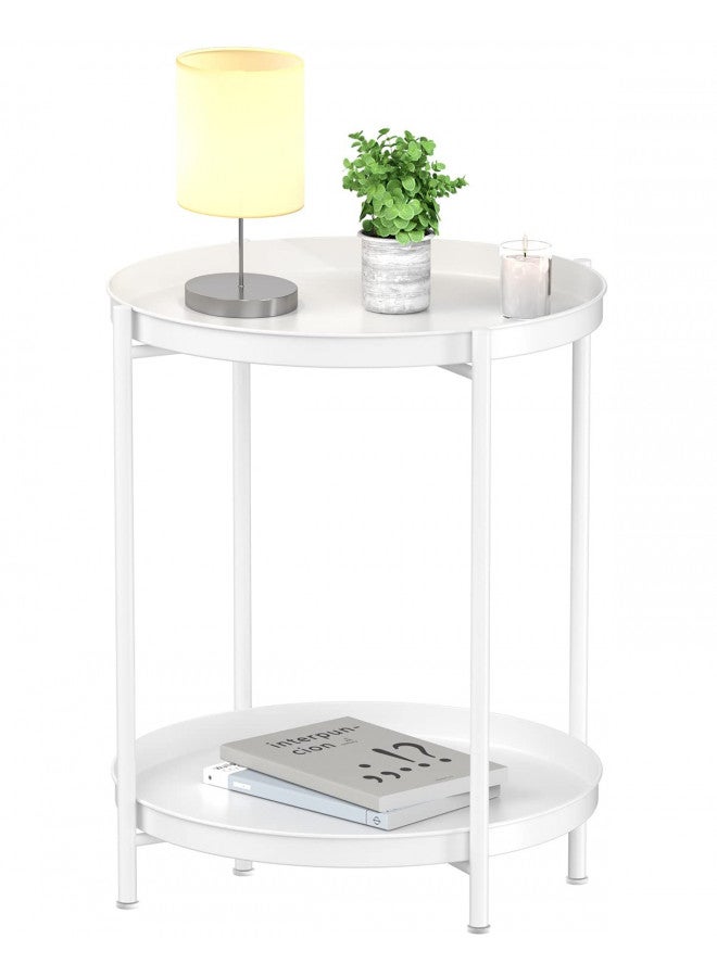EKNITEY 2 Tier End Table - Metal Side Table Waterproof Small Sofa Coffee Side Tables Bedroom Indoor Outdoor with Removable Tray for Living Room Bedroom Balcony and Office (White) - Image 1