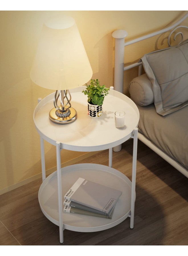EKNITEY 2 Tier End Table - Metal Side Table Waterproof Small Sofa Coffee Side Tables Bedroom Indoor Outdoor with Removable Tray for Living Room Bedroom Balcony and Office (White) - Image 2
