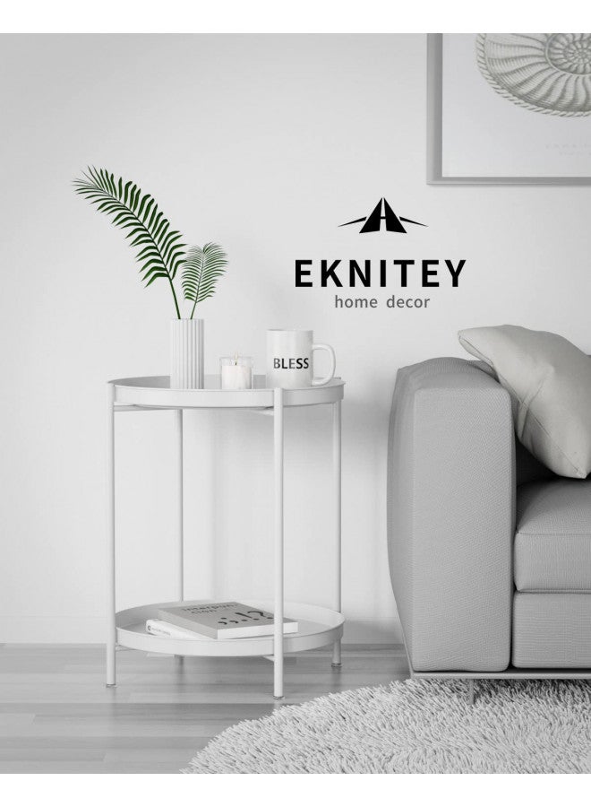 EKNITEY 2 Tier End Table - Metal Side Table Waterproof Small Sofa Coffee Side Tables Bedroom Indoor Outdoor with Removable Tray for Living Room Bedroom Balcony and Office (White) - Image 4