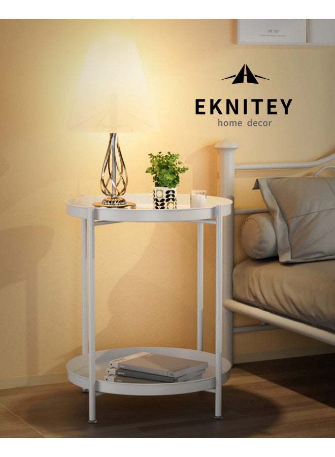 EKNITEY 2 Tier End Table - Metal Side Table Waterproof Small Sofa Coffee Side Tables Bedroom Indoor Outdoor with Removable Tray for Living Room Bedroom Balcony and Office (White) - Image 3