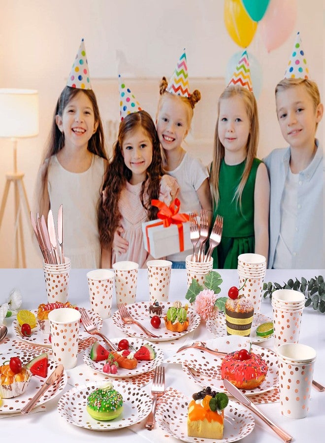 Dlebay 175PCS Rose Gold Party Supplies,Rose Gold Dot on White Paper Plates Napkins and Cups,Disposable Dinnerware Sets, Plastic Forks Spoons and Knives Set Serve 25 for Wedding Birthday Party Decorations - Image 5