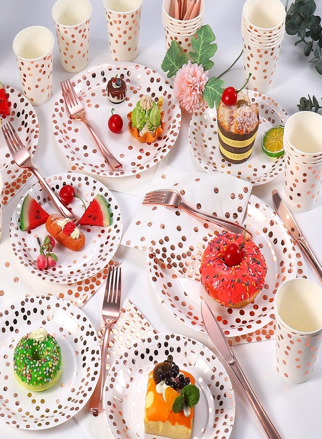 Dlebay 175PCS Rose Gold Party Supplies,Rose Gold Dot on White Paper Plates Napkins and Cups,Disposable Dinnerware Sets, Plastic Forks Spoons and Knives Set Serve 25 for Wedding Birthday Party Decorations - Image 3