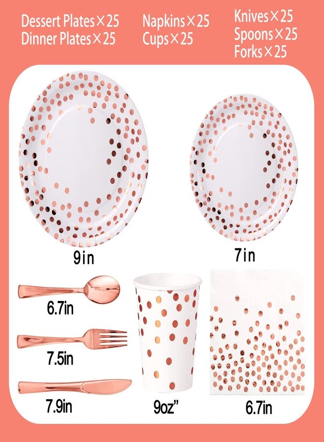 Dlebay 175PCS Rose Gold Party Supplies,Rose Gold Dot on White Paper Plates Napkins and Cups,Disposable Dinnerware Sets, Plastic Forks Spoons and Knives Set Serve 25 for Wedding Birthday Party Decorations - Image 2