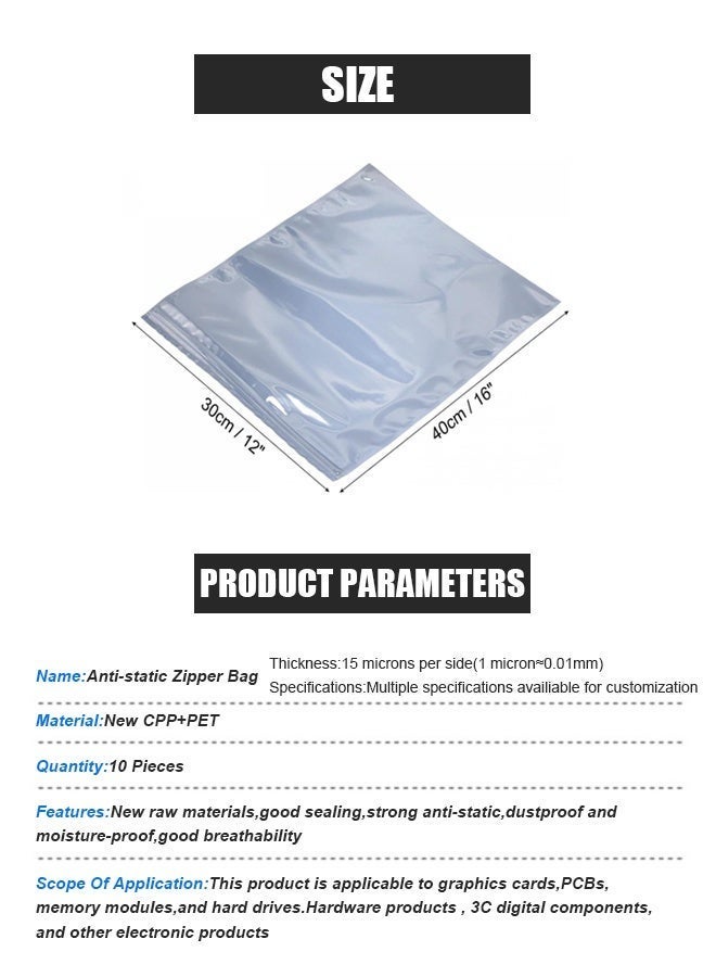 10 Pcs Anti Static ESD Bags, 30x40cm (11.81x15.74in) Resealable Zip Lock Anti-Static Bags, for Motherboards GPU Hard Drive SSD RAM Electronic Components, Protects from Static Moisture Dust - Image 4