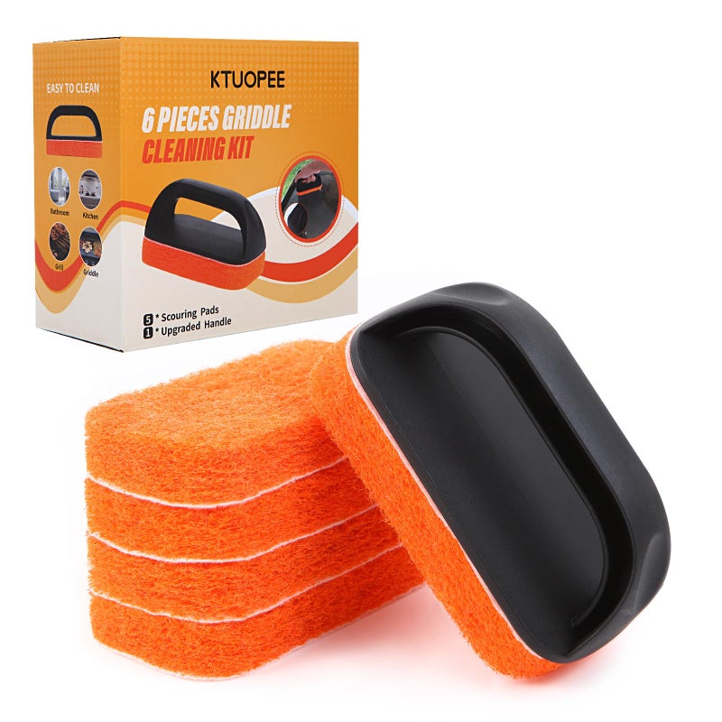 Upgraded 6-Piece Griddle Cleaning Kit for Blackstone, Flat Top Grill Cleaner Non-Scratch Scouring Pads for Kitchen - Heavy-Duty 5 Griddle Scrubber Pads with 1 Handle - Image 1