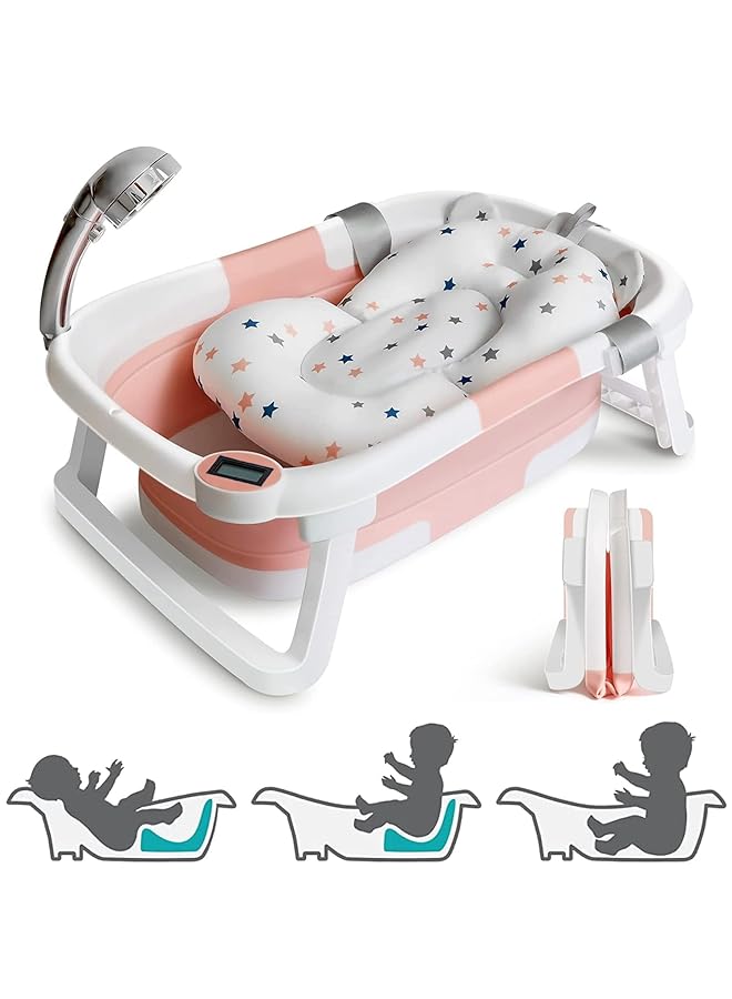 DMG TECH Baby Folding Bathtub Portable Collapsible Toddler Bath Tub With Baby Cushion Temperature Sensor Drain Hole And Bath For Newborn Infant Toddler Sitting Lying Large Safe Bathtub - Image 1