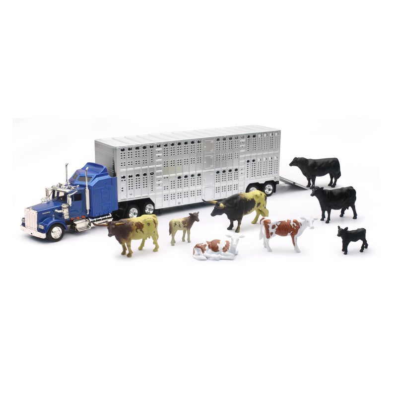 NewRay New Ray Country Life 1:43 Livestock Playset â€“ Die-Cast Semi Truck & Trailer with 10 Cattle, Free-Wheeling Farm Vehicles, Opening Rear Door, Ages 8+, Rural Imaginative Play Set - Image 1