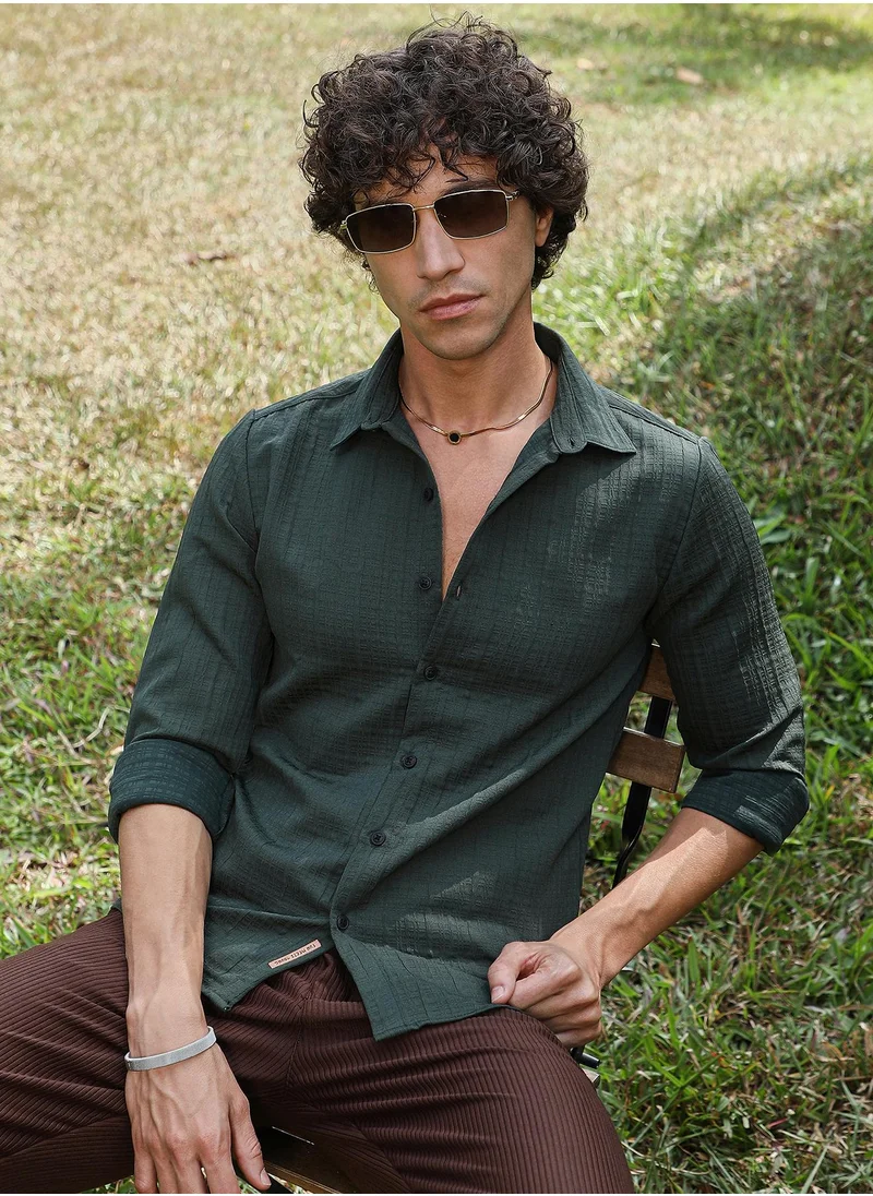 Campus Sutra Men's Emerald Green Tartan-Tactile Shirt