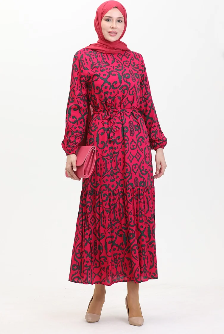Sefa Merve Patterned Belted Viscose Dress 0469-06 Fuchsia