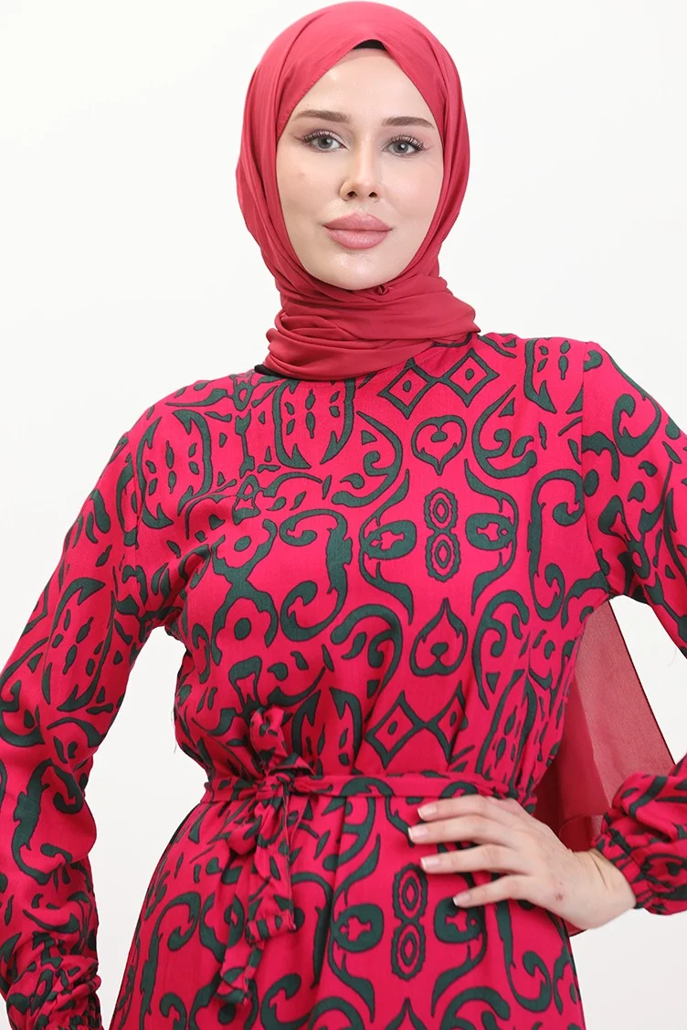 Sefa Merve Patterned Belted Viscose Dress 0469-06 Fuchsia
