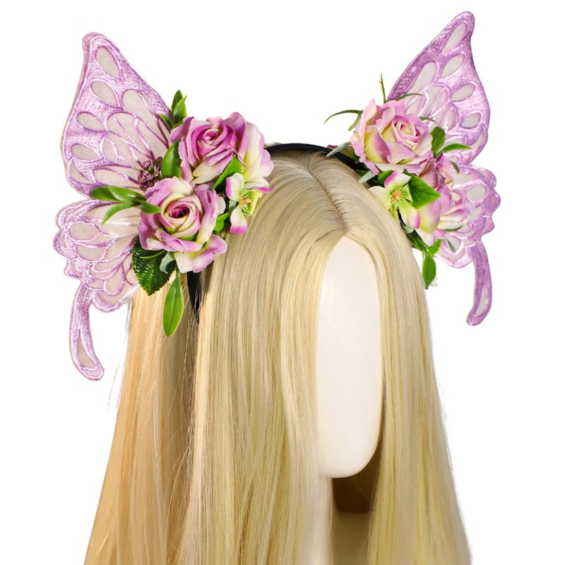 MOSTORY Purple Fairy Wings Headband Butterfly Flower Headband Woodland Headpiece Floral Hairband for Princess Fairy Costume Women Renaissance Ren Faire Halloween Elf Cosplay Photo Shoot - Image 2