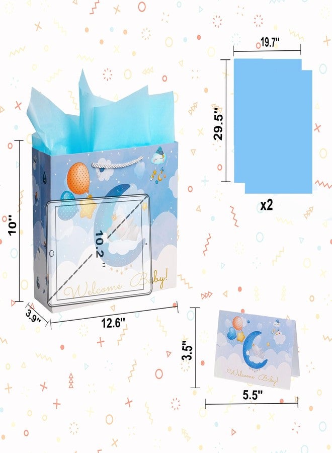 GFInYHM Baby Boy Gift Bag with Tissue Paper & Card, 13" Large Blue Elephant Gift Bag for Baby Shower, Newborn Welcome & Baptism - Image 3