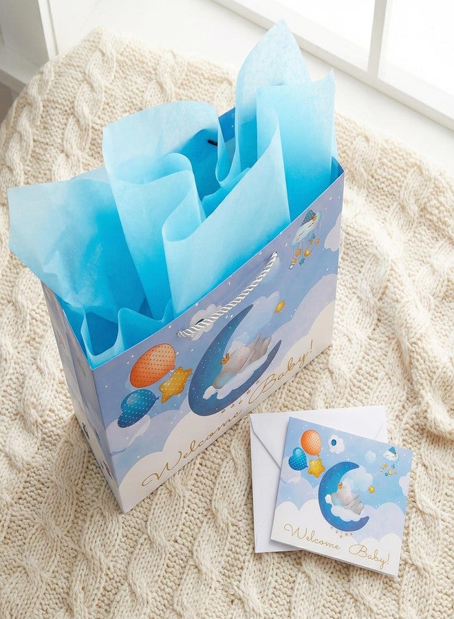 GFInYHM Baby Boy Gift Bag with Tissue Paper & Card, 13" Large Blue Elephant Gift Bag for Baby Shower, Newborn Welcome & Baptism - Image 4