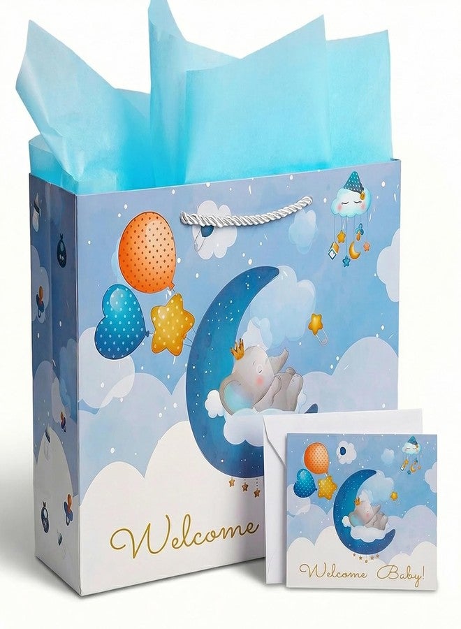 GFInYHM Baby Boy Gift Bag with Tissue Paper & Card, 13" Large Blue Elephant Gift Bag for Baby Shower, Newborn Welcome & Baptism - Image 1