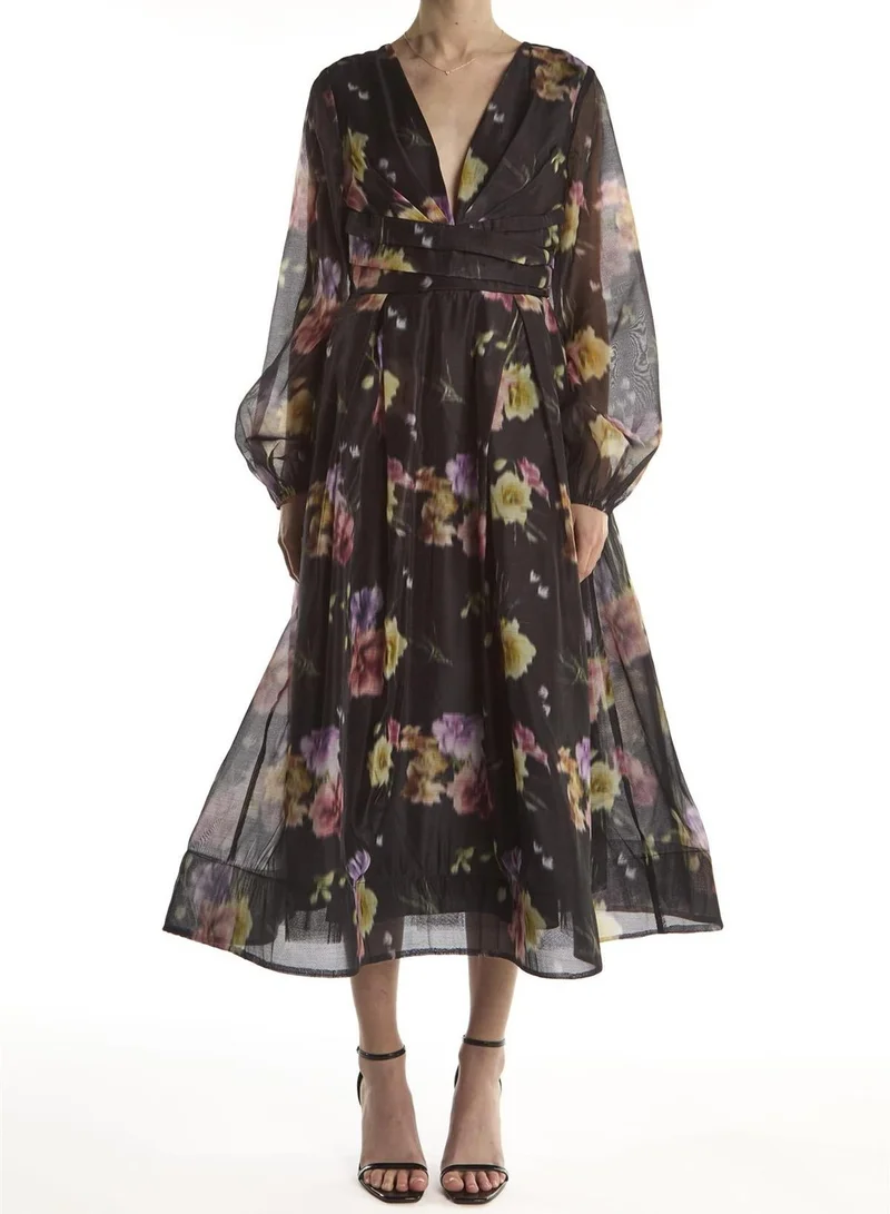 True Decadence Black Blur Flower Long-Sleeve V-Neck Midaxi-Dress