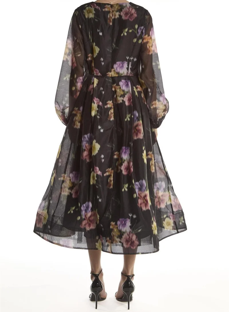 True Decadence Black Blur Flower Long-Sleeve V-Neck Midaxi-Dress