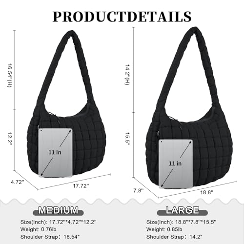 Iqimott Quilted Puffer Tote Shoulder Bag with Zipper, Nylon Bubble Hobo Travel Top Handle Handbag for Women, Oversized Padding Quilted Bag Soft Large Carryall (Black) - Image 2