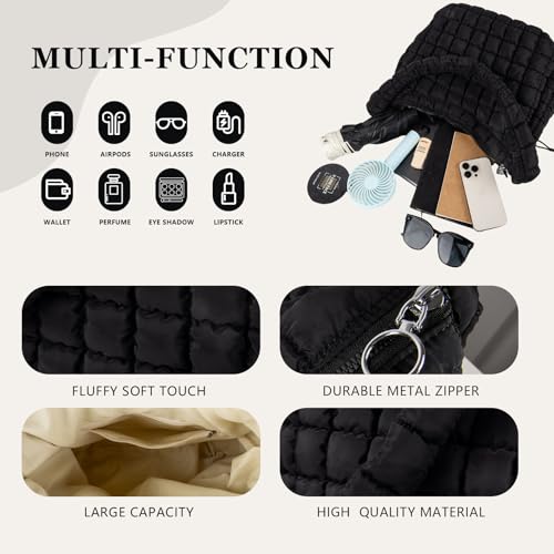 Iqimott Quilted Puffer Tote Shoulder Bag with Zipper, Nylon Bubble Hobo Travel Top Handle Handbag for Women, Oversized Padding Quilted Bag Soft Large Carryall (Black) - Image 3