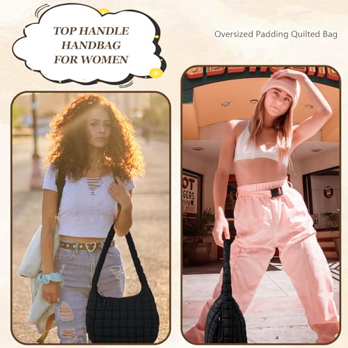 Iqimott Quilted Puffer Tote Shoulder Bag with Zipper, Nylon Bubble Hobo Travel Top Handle Handbag for Women, Oversized Padding Quilted Bag Soft Large Carryall (Black) - Image 5