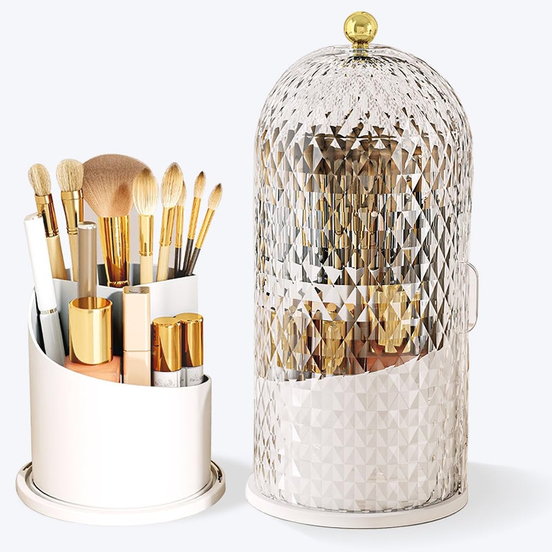 JIANGLAI Makeup Brush Holder with Lid, 360 Rotating Multifunction Clear Dustproof Skincare Cosmetic Tools Storage Organizer for Vanity Desktop Bathroom Countertop (White) - Image 1