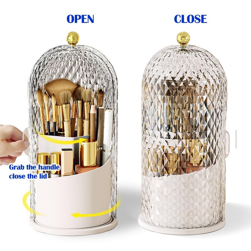 JIANGLAI Makeup Brush Holder with Lid, 360 Rotating Multifunction Clear Dustproof Skincare Cosmetic Tools Storage Organizer for Vanity Desktop Bathroom Countertop (White) - Image 3