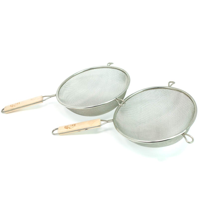 Huji Stainless Steel Fine 8 Double Mesh Food Strainer Colander Sieve Sifter with Wooden Handle for Kitchen Rice Pasta Noodles 2 Pack