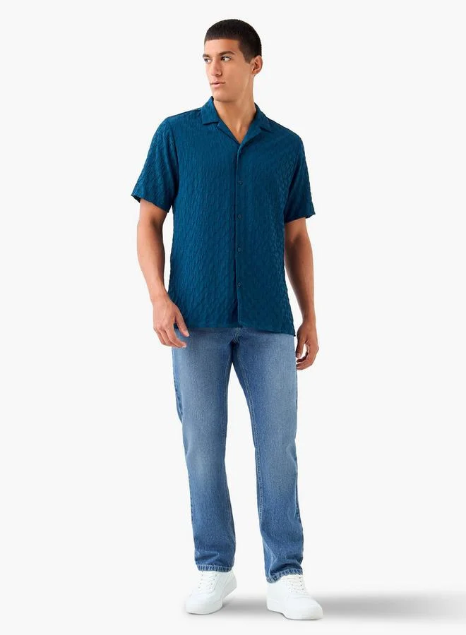 Splash FAV Regular Fit Dobby Textured Shirt with Camp Collar and Short Sleeves