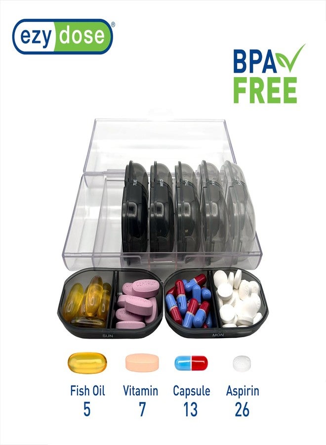 EZY DOSE Weekly (7-Day) Daily Individual AM/PM Pill Organizer with Case, Portable Medication Dispenser, Travel-Friendly Durable Pill Container, 2X Day Compartments for Vitamins and Supplements, Black - Image 2