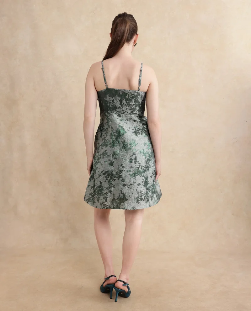 Rareism Rareism Women Davao Metallic Green Viscose Fabric Sleeveless Shoulder Straps Zipper Closure Fit And Flare Knee Length Jacquard Dress