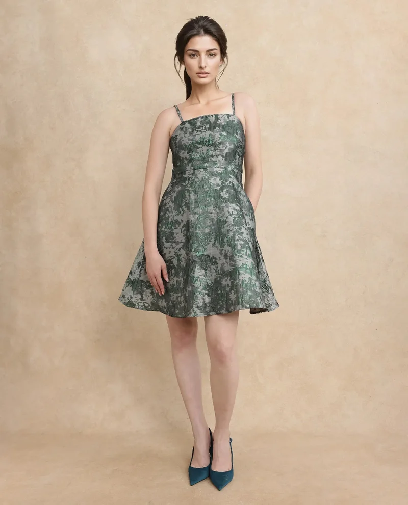 Rareism Rareism Women Davao Metallic Green Viscose Fabric Sleeveless Shoulder Straps Zipper Closure Fit And Flare Knee Length Jacquard Dress