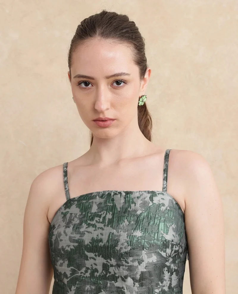 Rareism Rareism Women Davao Metallic Green Viscose Fabric Sleeveless Shoulder Straps Zipper Closure Fit And Flare Knee Length Jacquard Dress