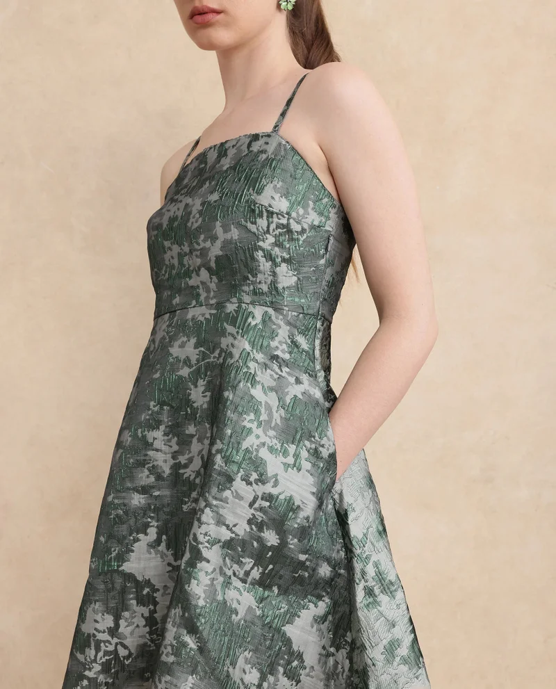 Rareism Rareism Women Davao Metallic Green Viscose Fabric Sleeveless Shoulder Straps Zipper Closure Fit And Flare Knee Length Jacquard Dress