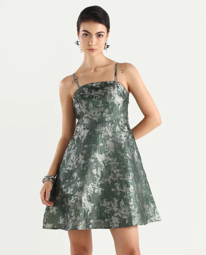 Rareism Rareism Women Davao Metallic Green Viscose Fabric Sleeveless Shoulder Straps Zipper Closure Fit And Flare Knee Length Jacquard Dress
