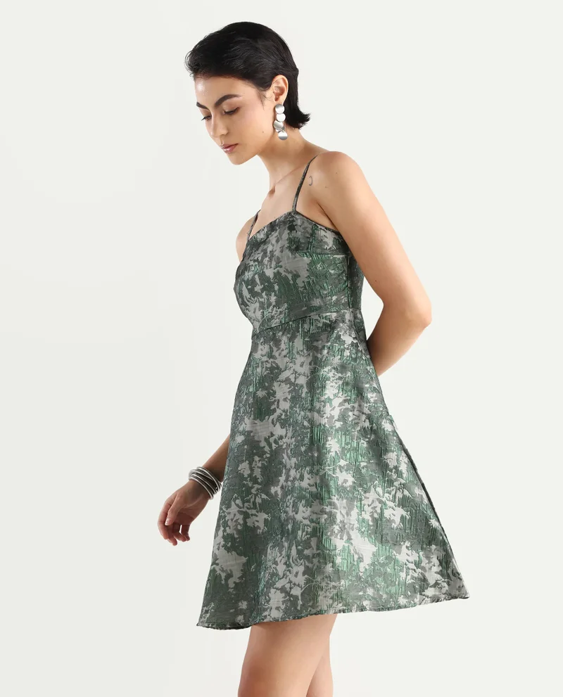 Rareism Rareism Women Davao Metallic Green Viscose Fabric Sleeveless Shoulder Straps Zipper Closure Fit And Flare Knee Length Jacquard Dress