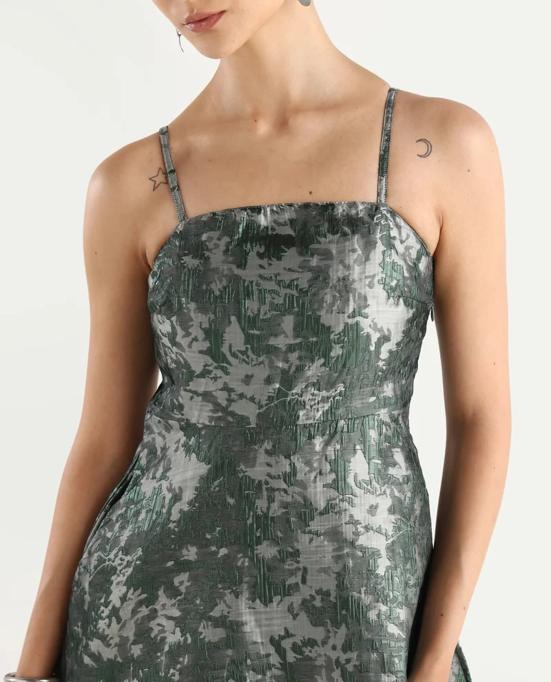 Rareism Rareism Women Davao Metallic Green Viscose Fabric Sleeveless Shoulder Straps Zipper Closure Fit And Flare Knee Length Jacquard Dress