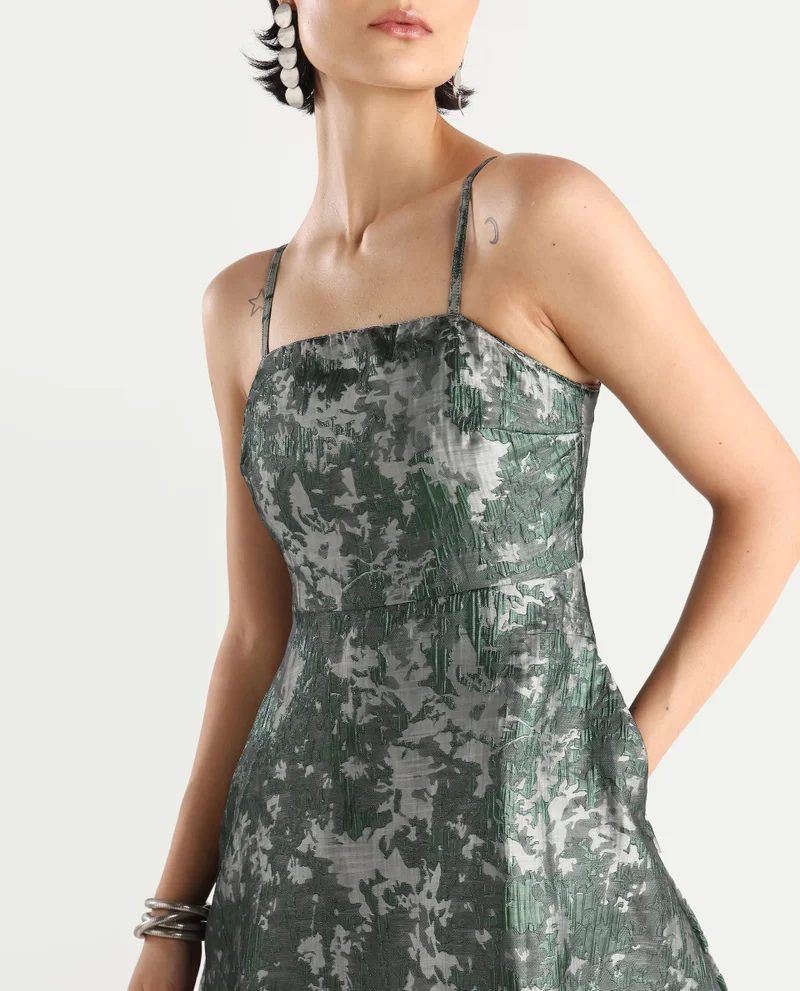 Rareism Rareism Women Davao Metallic Green Viscose Fabric Sleeveless Shoulder Straps Zipper Closure Fit And Flare Knee Length Jacquard Dress