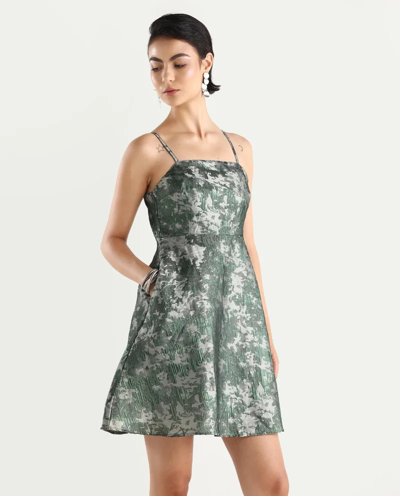 Rareism Rareism Women Davao Metallic Green Viscose Fabric Sleeveless Shoulder Straps Zipper Closure Fit And Flare Knee Length Jacquard Dress
