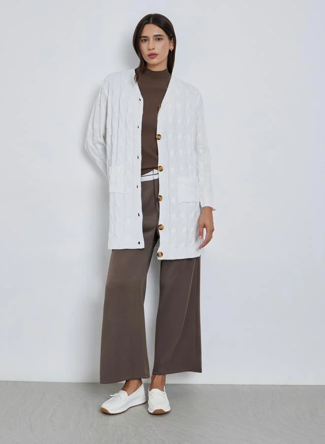Take Two Take Two Beige Textured Midi Cardigan Sweater