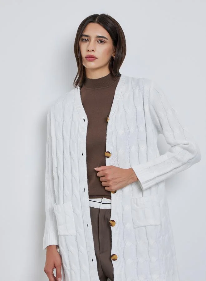 Take Two Take Two Beige Textured Midi Cardigan Sweater