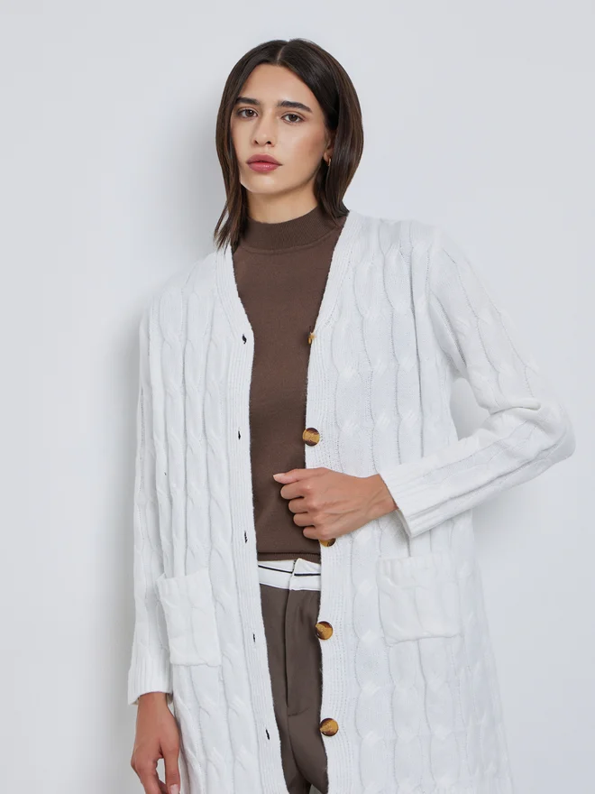 Take Two Take Two Beige Textured Midi Cardigan Sweater