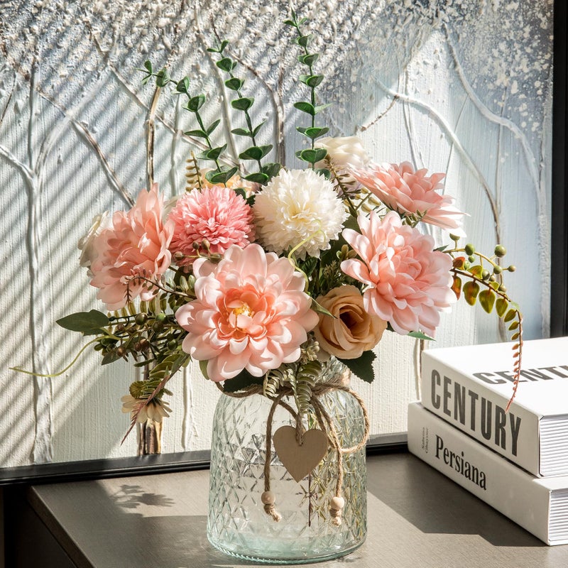 Aubcee 2 Pack Set Fake Flowers with Vase,Faux Flowers in Vase for Home Decor,Silk Pink Dahlia Artificial Flowers with Vase for Coffee Table Decor,Living Room Bathroom Plant DÃ©cor - Image 2