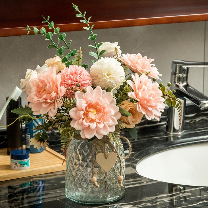 Aubcee 2 Pack Set Fake Flowers with Vase,Faux Flowers in Vase for Home Decor,Silk Pink Dahlia Artificial Flowers with Vase for Coffee Table Decor,Living Room Bathroom Plant DÃ©cor - Image 5