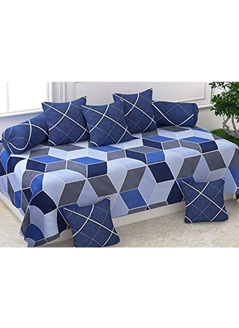 MORADO MORADO 160 TC Glace Cotton 8 Pieces Diwan Set Including 1 Bedsheet 5 Cushion Covers and 2 Bolster Covers Blue Colour  - Image 1