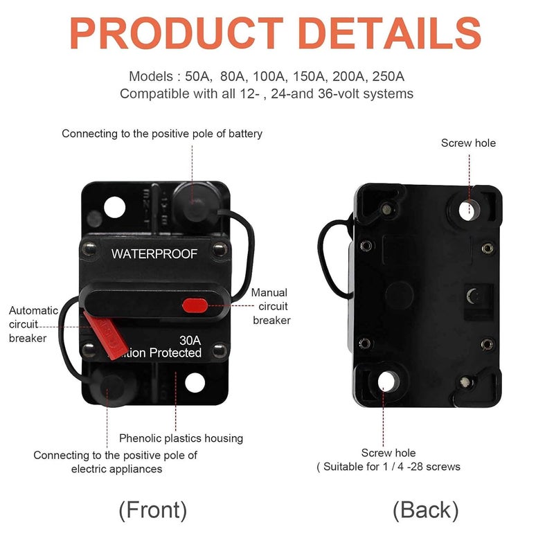 Erayco 50 Amp Circuit Breaker with Manual Reset for Car Marine Trolling Motors Boat ATV Manual Power Protect for Audio System Fuse, 12V-48VDC, Waterproof (50A) - Image 4