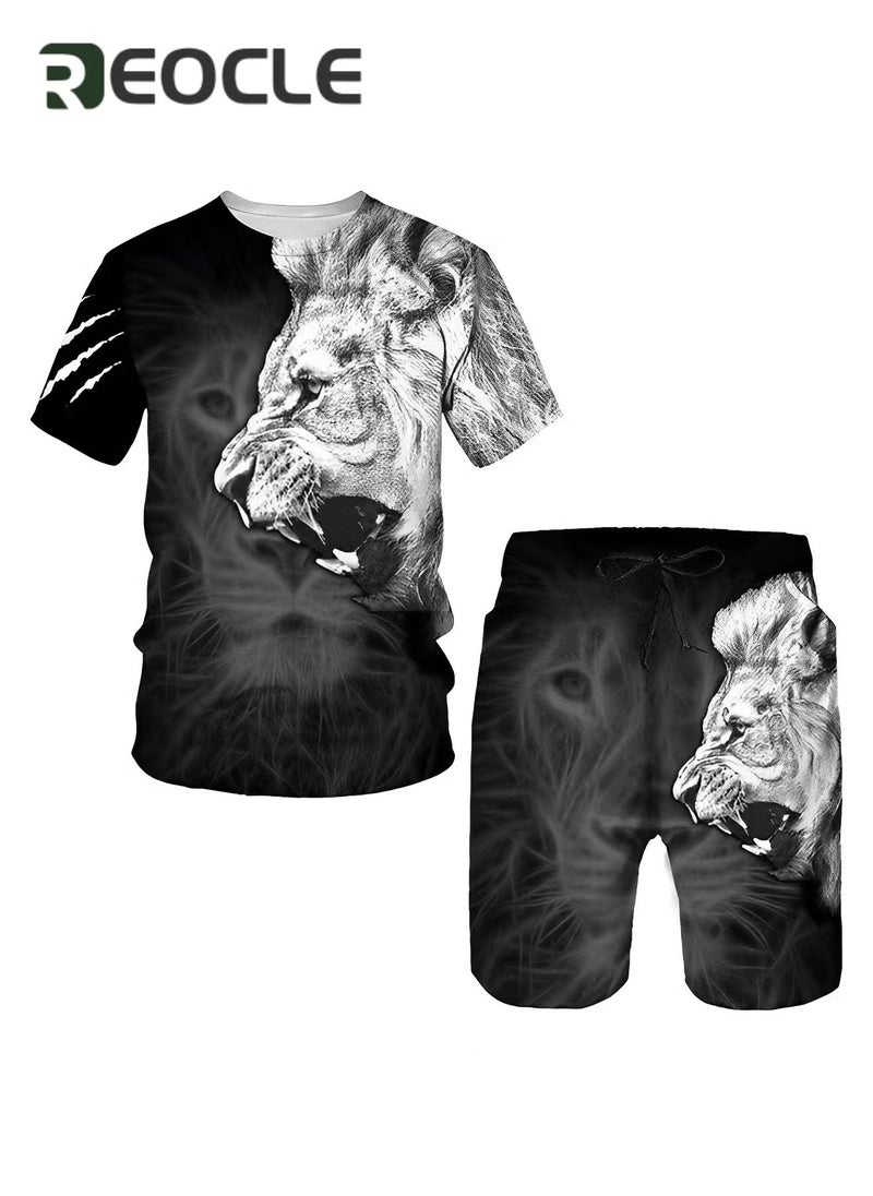 REOCLE Men's 2 Piece Outfits Shorts Tracksuit Real 3D Printed Casual Short Sleeve Crew Neck Suit Vacation Shirt and Shorts Sets - Image 2