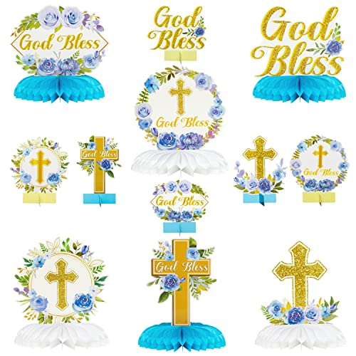 ANGOLIO 12Pcs Blue Floral God Bless Honeycomb Centerpieces Baptism Party Honeycomb Centerpieces God Bless Christian Party Table Decorations for Baby Boys Girls Gender Reveal Christian Theme Supplies - Image 1