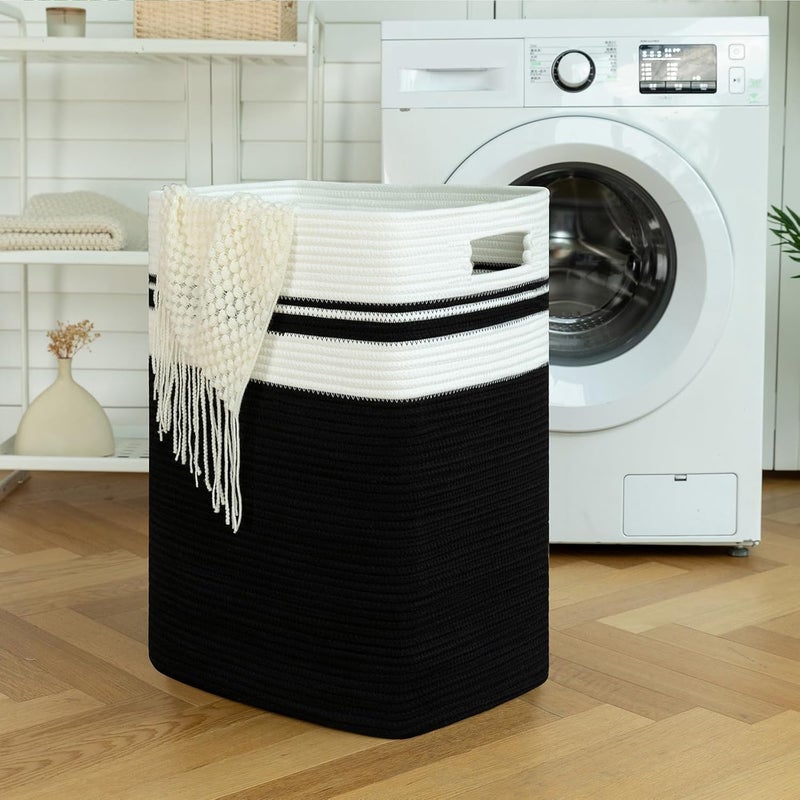 OIAHOMY 91L Laundry Hamper, XXXLarge Laundry Basket, Collapsible Cotton Rope Basket,Woven Storage Basket for Blankets,Clothes,Pillows-16x15x24-Black&white, FYL-D-P-03 - Image 2